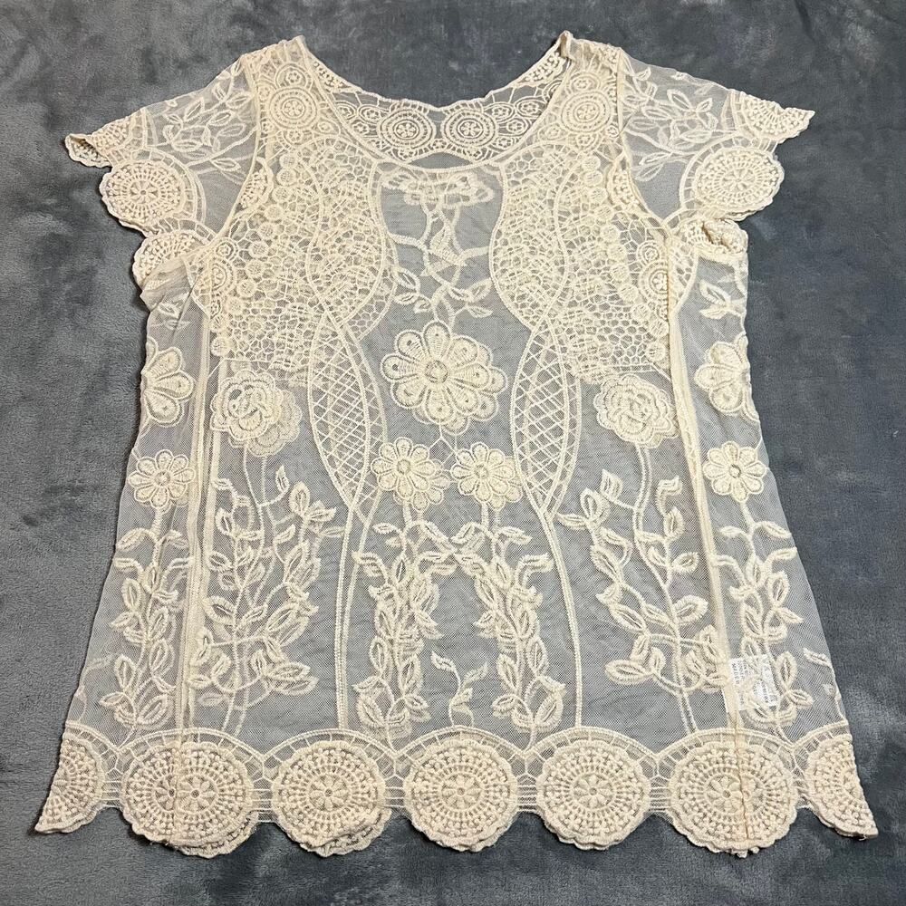 Women's Round Neck Mesh Floral Sheer Blouse Size M/L Boho Festival Y2K 90s